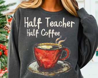 Medio profesor, medio café dibujado a mano (Png), profesor divertido (Png), puntos dálmatas, profesor retro, regreso a clases (Png), regalo de agradecimiento para el profesor