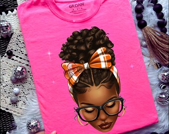 SVG Afro messy bun orange leopard bow png sublimation design download, black woman png, messy bun design png, sublimate designs download