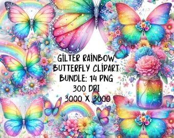 14 Butterfly Rainbow Glitter  Watercolor Clipart,Sparkling rainbow butterfly images,mother days gift,High Resolution Butterfly Rainbow