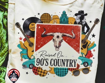 SVG-Raised On 90s Country Music PNG,Retro Vintage Country Girl Distressed Cool T-Shirt Sublimation Design,Trendy Bull Skull Digital Download