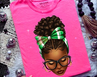 SVG Afro messy bun green and white bow png sublimation design download, black woman png, messy bun design png, sublimate designs download