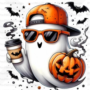 May include: A cartoon ghost wearing a backwards orange baseball cap and sunglasses, holding a pumpkin and a coffee cup. The ghost has a friendly smile and is surrounded by bats and stars.