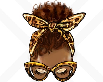 Leopard Afro Messy Bun Plain Png Sublimation Design,Black Woman Clipart,Afro Messy Bun Afro  Woman Leopard Bandana Afro American Png