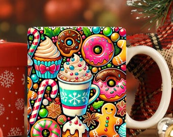 Cute Gingerbread Christmas Mug Wrap,Gingerbread Man and Donuts Mug Wrap Sublimation Design PNG, 11oz and 15oz Coffee Mug Wrap 108 png FREE