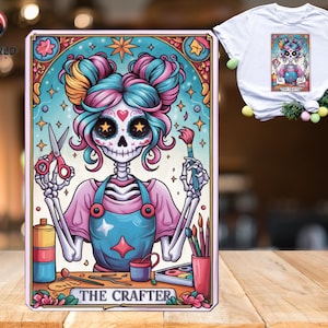 The Crafter Tarot Card PNG SVG, Crafting Girl skelet sublimatie ontwerp, trendy schedel Crafty grappige Tarot T-shirt mok mok png png 108 png gratis
