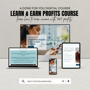 Könnte beinhalten: Eine digitale Kurs-Landingpage mit einem Laptop, Tablet und Smartphone, auf denen der Kursinhalt angezeigt wird. Der Kurs trägt den Titel "Learn & Earn Profits Course" und verspricht, zu lehren, wie man mit 100% Gewinn Einkommen erzielt. Der Kurs soll dazu beitragen, Selbstvertrauen aufzubauen. Der Text "earn income passively..." wird in einer Suchleiste angezeigt.