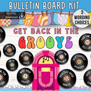Welcome back bulletin board | Music Retro bulletin board | Mental Health tips Bulletin Board | groovy classroom display | back to school kit