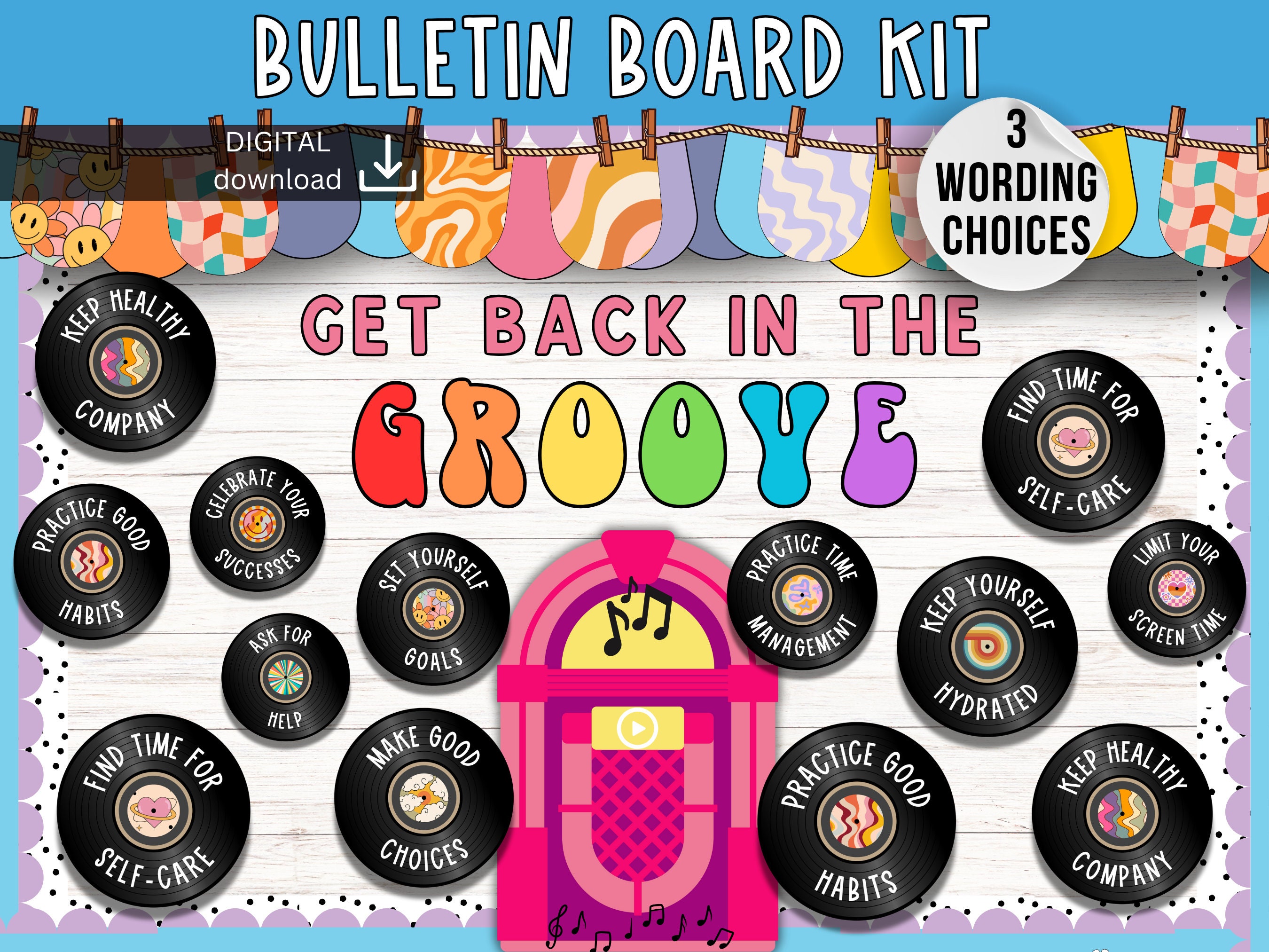 Welcome back bulletin board | Music Retro bulletin board | Mental Health tips Bulletin Board | groovy classroom display | back to school kit