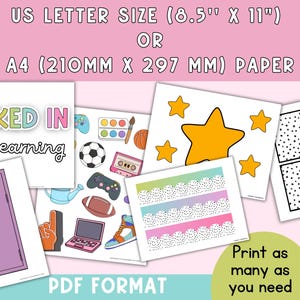 May include: A collection of printable PDF pages with various designs and illustrations. Includes a purple locker, stars, and sports-themed graphics. The text reads "LOCKED IN for learning" and "Print as many as you need". Paper size is 8.5" x 11".