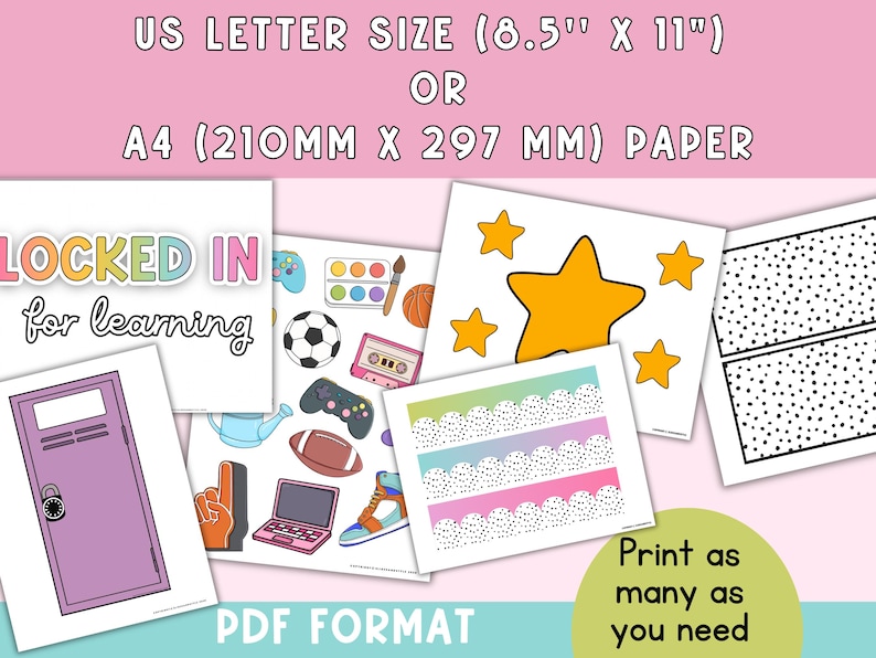 May include: A collection of printable PDF pages with various designs and illustrations. Includes a purple locker, stars, and sports-themed graphics. The text reads "LOCKED IN for learning" and "Print as many as you need". Paper size is 8.5" x 11".