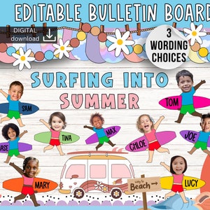 Sommer Pinnwand | Bulletin Kit zum Jahresende | Strand Klassenzimmer Dekor | Surfpinboard Kit | bearbeitbare Powerspitze | Surfer Kit