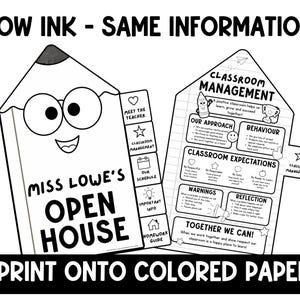 May include: A black and white printable classroom management resource featuring a pencil character with glasses and the text "MISS LOWE'S OPEN HOUSE" and "LOW INK - SAME INFORMATION! PRINT ONTO COLORED PAPER" with sections for classroom expectations.