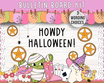 May include: A bulletin board kit with a western Halloween theme. The kit includes a title banner with the text "Howdy Halloween!" and several decorative elements, including a cactus, a mummy, a witch, and a skull. The kit also includes three different wording choices for the title banner.