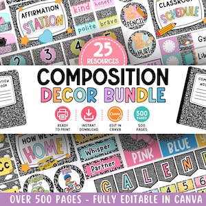 Composition Classroom Decor Bundle | Back to school printable decor | Editable Elementary composition notebook classroom | preppy decor kit