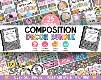 Composition Classroom Decor Bundle | Back to school printable decor | Editable Elementary composition notebook classroom | preppy decor kit