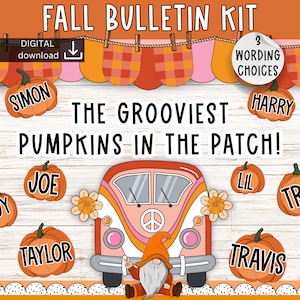Może przedstawiać: Zestaw do tablicy ogłoszeń jesiennych z fajną furgonetką i dyniami z imionami. Tekst brzmi "The Grooviest Pumpkins in the Patch!" i "3 Wording Choices".