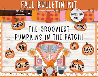 Può includere: Un kit per bacheca autunnale con un furgone groovy e zucche con nomi. Il testo recita "The Grooviest Pumpkins in the Patch!" e "3 Wording Choices".