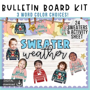 Modern Christmas Classroom Decor Printable | Pastel cosy Christmas Bulletin Board Decor | sweater Bulletin Board | children’s faces bulletin