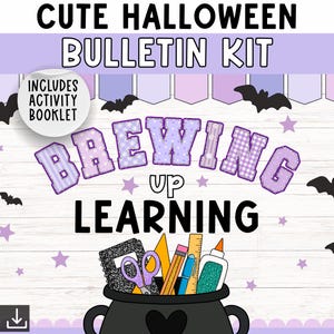 Puede incluir: Un kit de boletín con temática de Halloween con el texto "CUTE HALLOWEEN BULLETIN KIT" y "BREWING UP LEARNING". La imagen incluye murciélagos, estrellas y un caldero lleno de útiles escolares. Incluye un folleto de actividades.