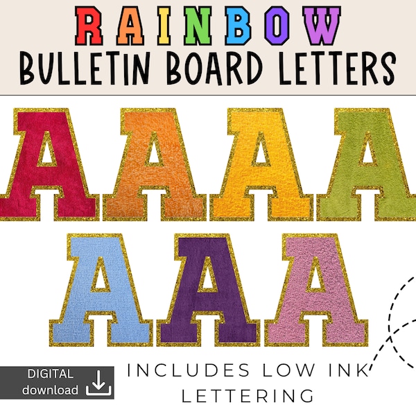 Kit de tablero de anuncios con alfabeto / Letras imprimibles para anuncios / Decoración de aula con colores del arcoíris / Letras digitales / Letras para boletines universitarios