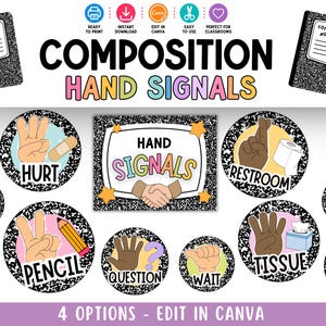 May include: A digital classroom decor set featuring composition notebook-themed hand signals. Circular signs display various hand gestures with labels like HURT, RESTROOM, I AGREE, PENCIL, QUESTION, WAIT, and TISSUE. The design includes black and white speckled borders and colorful text.