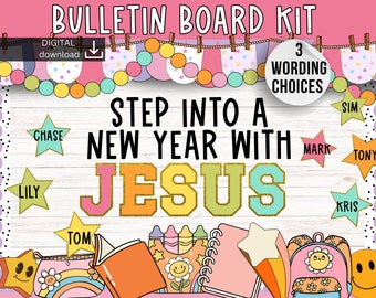 Op de afbeelding: Een bulletin board-set met de woorden "Step into a New Year with Jesus" in kleurrijke letters. De set bevat een verscheidenheid aan kleurrijke sterren, een regenboog, een boek, een etui en een rugzak. De set is ontworpen voor gebruik in een klaslokaal of thuis.