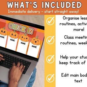 May include: A laptop displays a "CHECK IN" screen with pumpkin graphics. The screen includes the text "NAME" under each pumpkin. The laptop is open, and the user is typing on the keyboard. The image also includes the text "WHAT'S INCLUDED".