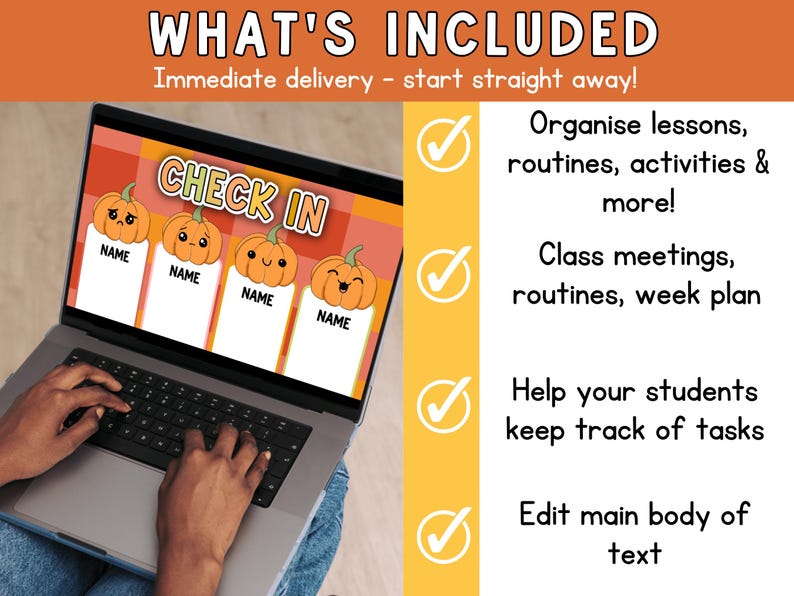 May include: A laptop displays a "CHECK IN" screen with pumpkin graphics. The screen includes the text "NAME" under each pumpkin. The laptop is open, and the user is typing on the keyboard. The image also includes the text "WHAT'S INCLUDED".