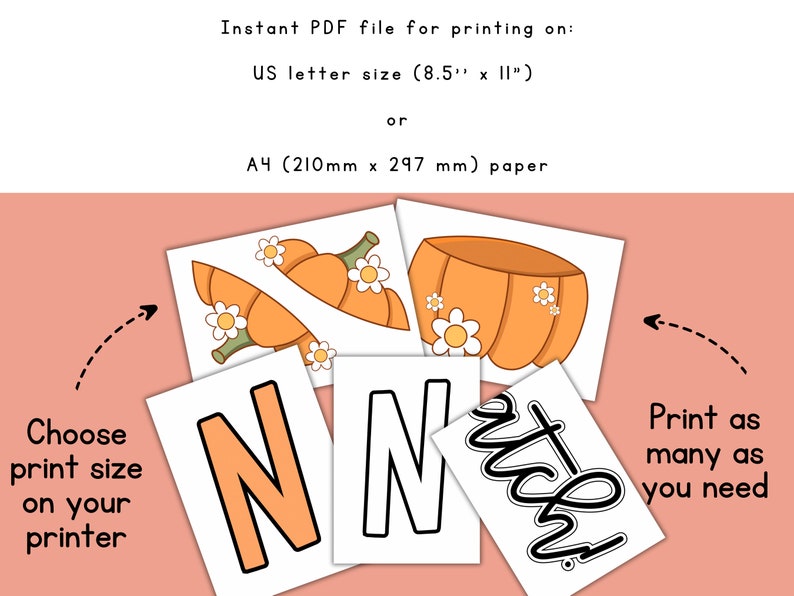 May include: Printable craft activity for kids featuring a pumpkin, the letter N, and the word "autumn" in black script. The printable is available in US letter size (8.5 x 11 inches) or A4 (210 x 297 mm) paper.