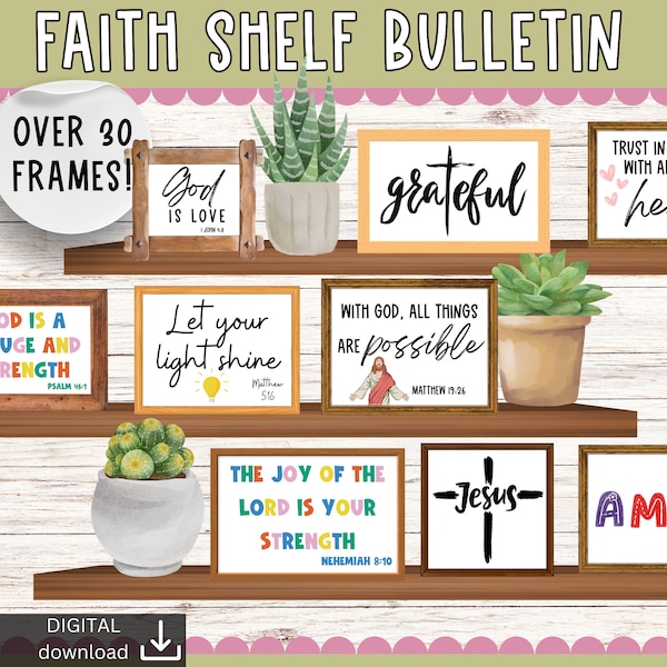 Faith bulletin board | jesus bulletin board | church bulletin board | shelves bulletin board | christian classroom decor | religious posters