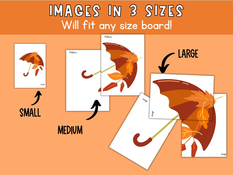 K&ouml;nnte beinhalten: Drei Bilder eines Regenschirms mit Herbstbl&auml;ttern in verschiedenen Gr&ouml;&szlig;en: klein, mittel und gro&szlig;. Der Text "IMAGES IN 3 SIZES" und "Will fit any size board!" befindet sich oben im Bild.