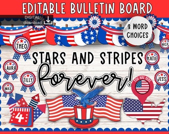 May include: Editable bulletin board with a red, white, and blue stars and stripes theme. The board features a large banner that says "Stars and Stripes Forever!" with fireworks, a calendar, and an eagle. There are also several smaller decorations, including stars, stripes, and a map of the United States. The board is perfect for a classroom or home.
