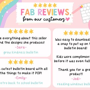 May include: A pink graphic with customer reviews. The text "FAB REVIEWS" is in colorful letters. Reviews include phrases like "Love everything about this seller" and "The cutest bulletin board". A rainbow and keyboard are in the background.
