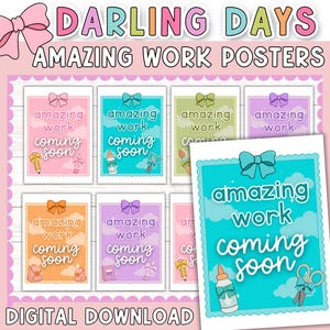 May include: A collection of colorful posters with the text "AMAZING WORK COMING SOON" in a playful font. Each poster features a different pastel color scheme and decorative elements like bows, pencils, glue bottles, and scissors. The words "DARLING DAYS" and "DIGITAL DOWNLOAD" are also visible.