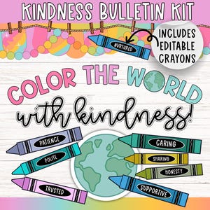 Könnte beinhalten: Ein farbenfrohes Pinnwand-Set mit dem Text "KINDNESS BULLETIN KIT" oben. Der Satz "COLOR THE WORLD with kindness!" steht in der Mitte, umgeben von Buntstiften mit positiven Wörtern wie "Patience" und "Caring". Enthält editierbare Buntstifte.