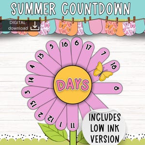 Peut inclure: Un calendrier de compte à rebours estival en forme de fleur rose et jaune avec le mot "DAYS" au centre. Les pétales sont numérotés et un papillon jaune est sur un pétale. Le texte "SUMMER COUNTDOWN" est en haut.