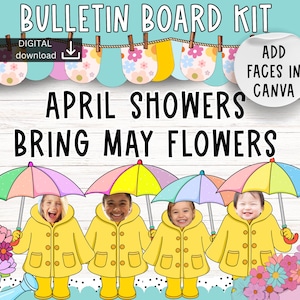 Våranslagstavla | aprilduschmeddelande | pastellfärgad klassrumsdekoration | förskolemeddelande | blommig anslagstavla | utskrivbar jackaparaply