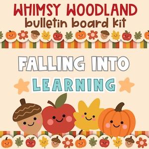 Może przedstawiać: Zestaw tablic ogłoszeniowych z napisem WHIMSY WOODLAND bulletin board kit oraz FALLING INTO LEARNING. Obramowanie ozdobione jest ilustracjami dyń, jabłek, żołędzi i liści w kolorach pomarańczowym, czerwonym, żółtym i zielonym.