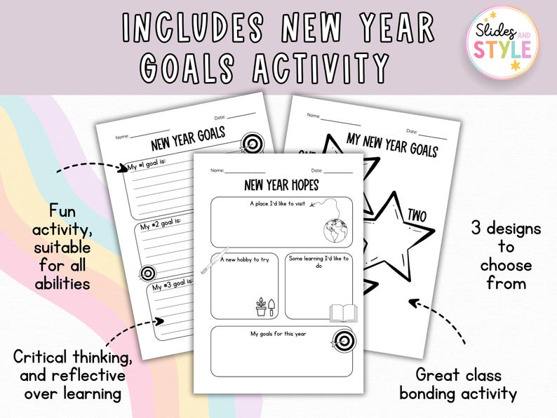 May include: Three printable worksheets for a New Year's goal setting activity. The worksheets feature a target, a star, and a globe with the text "New Year Goals", "New Year Hopes", and "My New Year Goals".