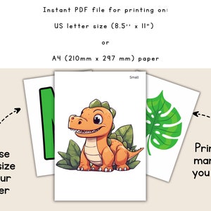 May include: Printable PDF file with three images: a green letter M, an orange dinosaur with green leaves, and a green monstera leaf. The text "Small" is at the top of the page. The text "Choose print size on your printer" is on the left and "Print as many as you need" is on the right.
