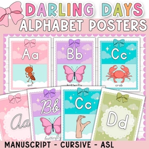 Pósteres del alfabeto / aula coqueta / decoración con lazos bonitos / pósteres del alfabeto cursivo / pósteres del alfabeto manuscrito / Alfabeto ESL imprimible