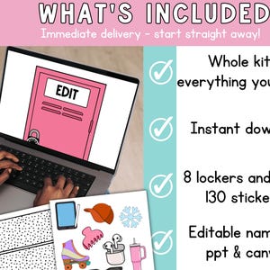 May include: A laptop displays a pink locker graphic with the word "EDIT". The image includes a list of features: whole kit, instant download, 8 lockers and over 130 stickers, and editable name on ppt & canva.