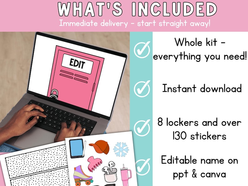 May include: A laptop displays a pink locker graphic with the word "EDIT". The image includes a list of features: whole kit, instant download, 8 lockers and over 130 stickers, and editable name on ppt & canva.