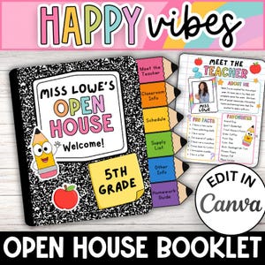May include: A colorful open house booklet with the text "Happy Vibes." The cover features "Miss Lowe's Open House" with a pencil and apple sticker. Inside, there's a "Meet the Teacher" page and information tabs. The booklet is designed for 5th grade.