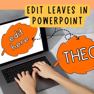 K&ouml;nnte beinhalten: Ein Laptop-Bildschirm zeigt ein orangefarbenes Blatt mit dem Text "edit here" darin. Eine Hand tippt auf die Tastatur. Ein zweites orangefarbenes Blatt mit dem Text "THEO" liegt auf dem Tisch.