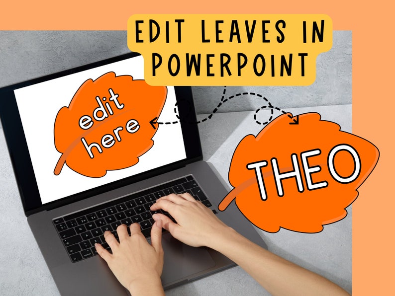 K&ouml;nnte beinhalten: Ein Laptop-Bildschirm zeigt ein orangefarbenes Blatt mit dem Text "edit here" darin. Eine Hand tippt auf die Tastatur. Ein zweites orangefarbenes Blatt mit dem Text "THEO" liegt auf dem Tisch.