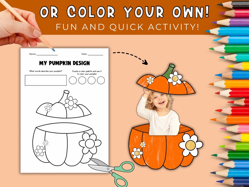 May include: A printable pumpkin craft activity for kids. The printable includes a pumpkin outline to color and cut out, along with a space to write words that describe a pumpkin. The text "My Pumpkin Design" is at the top of the page.