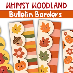 Könnte beinhalten: Vier vertikale Pinnwandbordüren mit gewelltem Rand und herbstlichen Motiven. Die Designs zeigen lächelnde rote Äpfel, orangefarbene Kürbisse, braune Eicheln und bunte Blätter auf cremefarbenem Hintergrund mit gestreiften Mustern in Orange, Rosa und Grün.