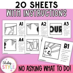 May include: A set of 20 sheets with instructions for a craft project. The sheets feature black and white illustrations of bunnies and other designs, with instructions to color, cut, and write on the back. The text "NO ASKING WHAT TO DO!" is also included.