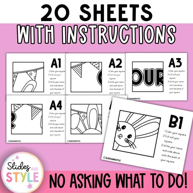 May include: A set of 20 sheets with instructions for a craft project. The sheets feature black and white illustrations of bunnies and other designs, with instructions to color, cut, and write on the back. The text "NO ASKING WHAT TO DO!" is also included.